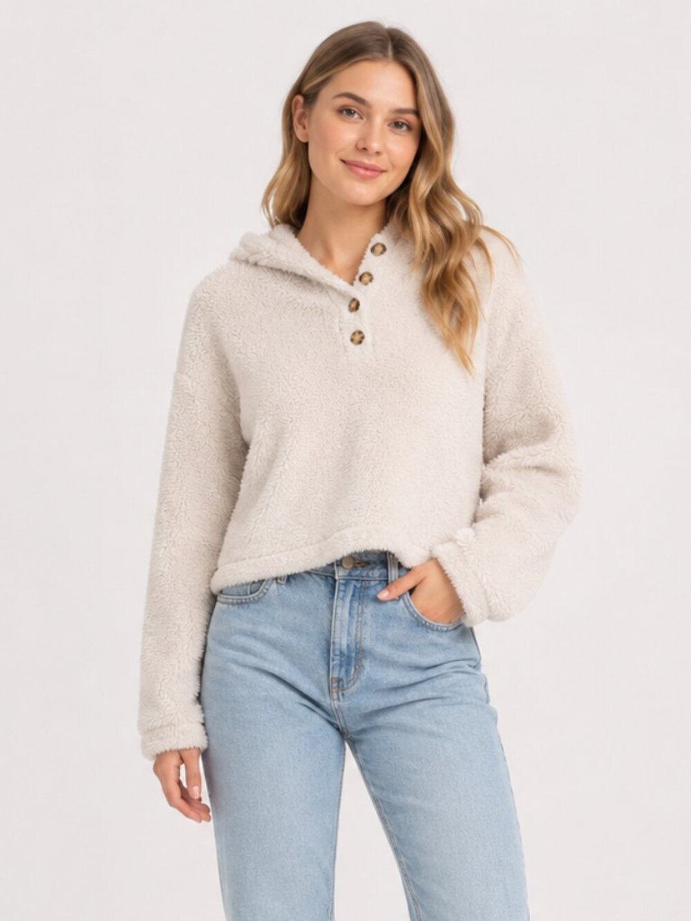Women's Super Soft Fuzzy Off-White Cropped Hoodie - Sz S - EUC